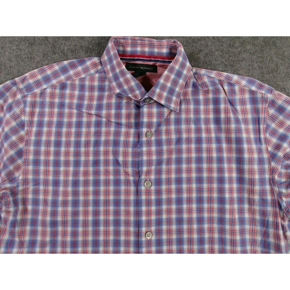 Banana Republic Shirt Men Small Blue Red Plaid Casual Preppy Classic Office Work